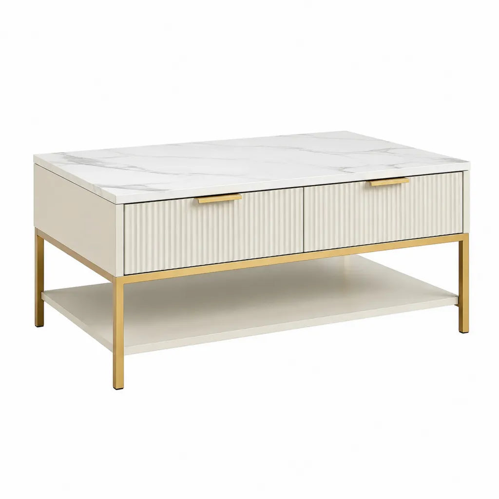 Couchtisch mit 2 Schubladen 100 x 50 x 45 cm aus MDF und Sinterstein rechteckig Weiß Gold