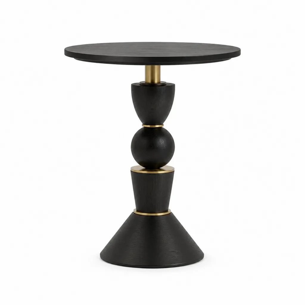 Runder Beistelltisch Ø 60 cm aus massivem Mangoholz Schwarz mit messingfarbenen Stahldetails Höhe 65 cm