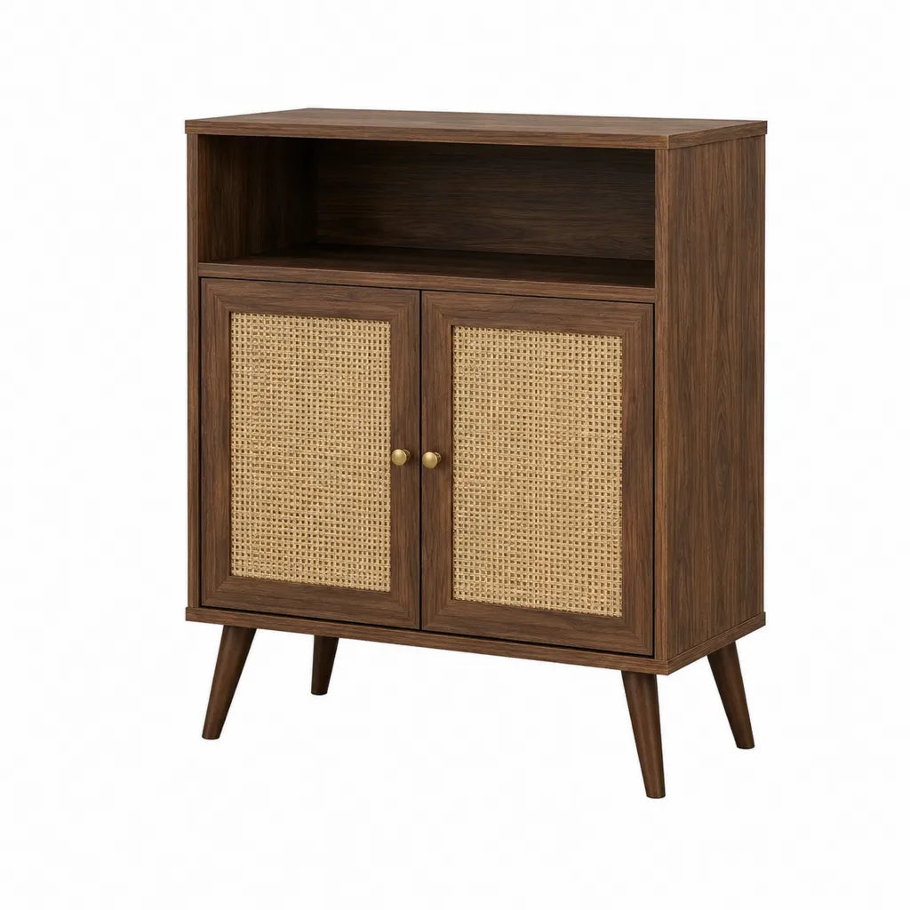 Kommode mit 2 Türen und offenem Fach aus MDF und Rattan in Walnussbraun 80 x 40 x 100 cm