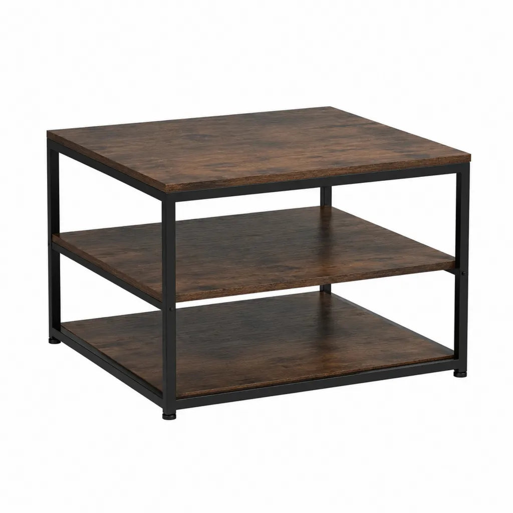 Couchtisch quadratisch 80 x 80 x 45 cm mit 2 Ablagen aus Spanplatte und Stahl Braun Schwarz