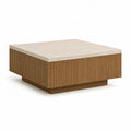 Couchtisch quadratisch 90 x 90 x 35 cm mit Sintersteinplatte und Eichenfurnier Beige Natur