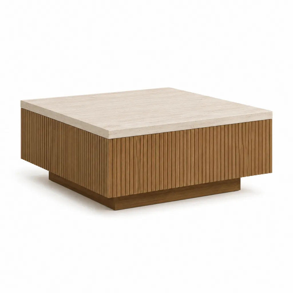Couchtisch quadratisch 90 x 90 x 35 cm mit Sintersteinplatte und Eichenfurnier Beige Natur