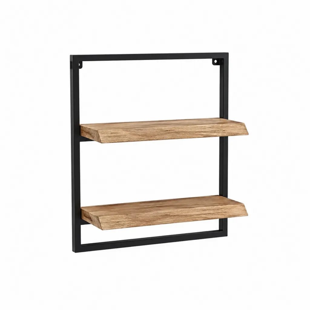 Wandregal mit 2 Ablagen aus massivem Mangoholz und Stahl rechteckig Schwarz Natur 60 x 20 x 60 cm