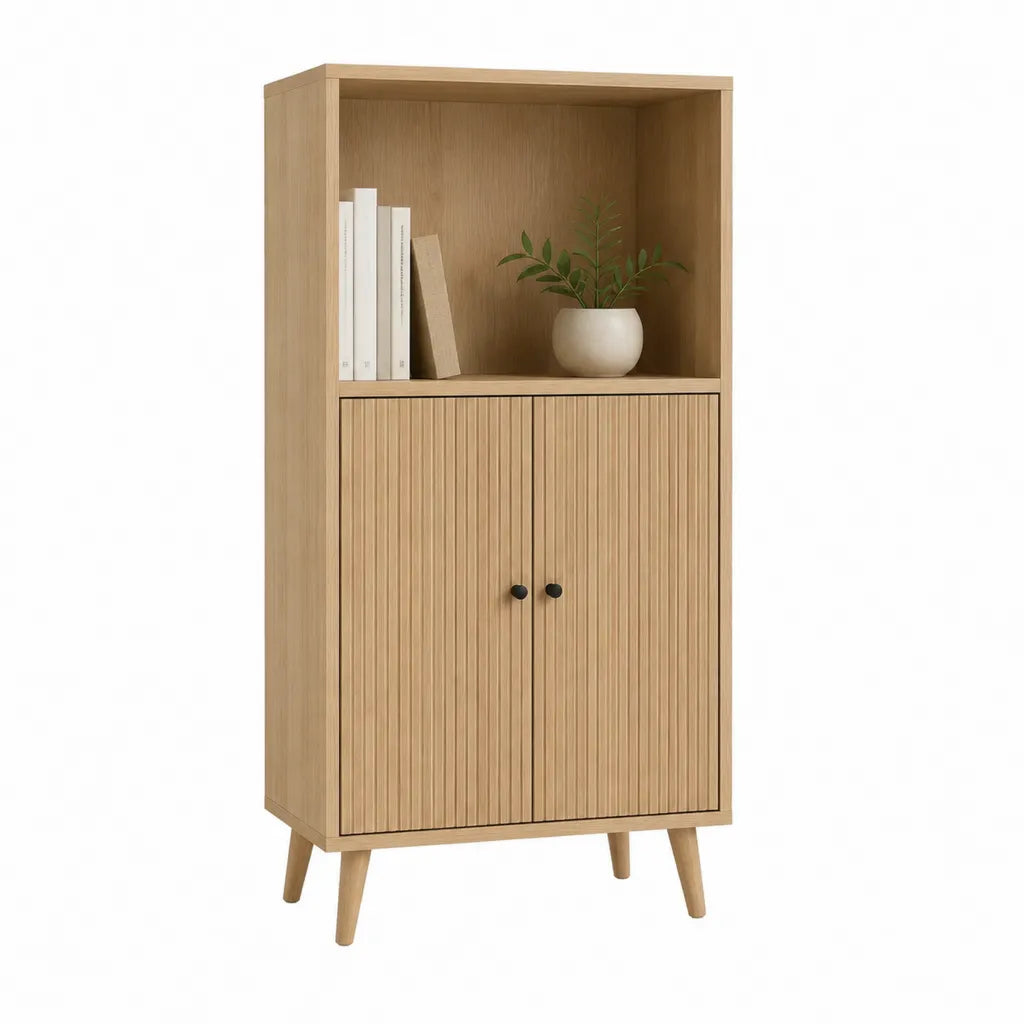 Bücherschrank mit Türen und offenem Fach 80 x 40 x 180 cm MDF mit Eichenfurnier rechteckig Natur