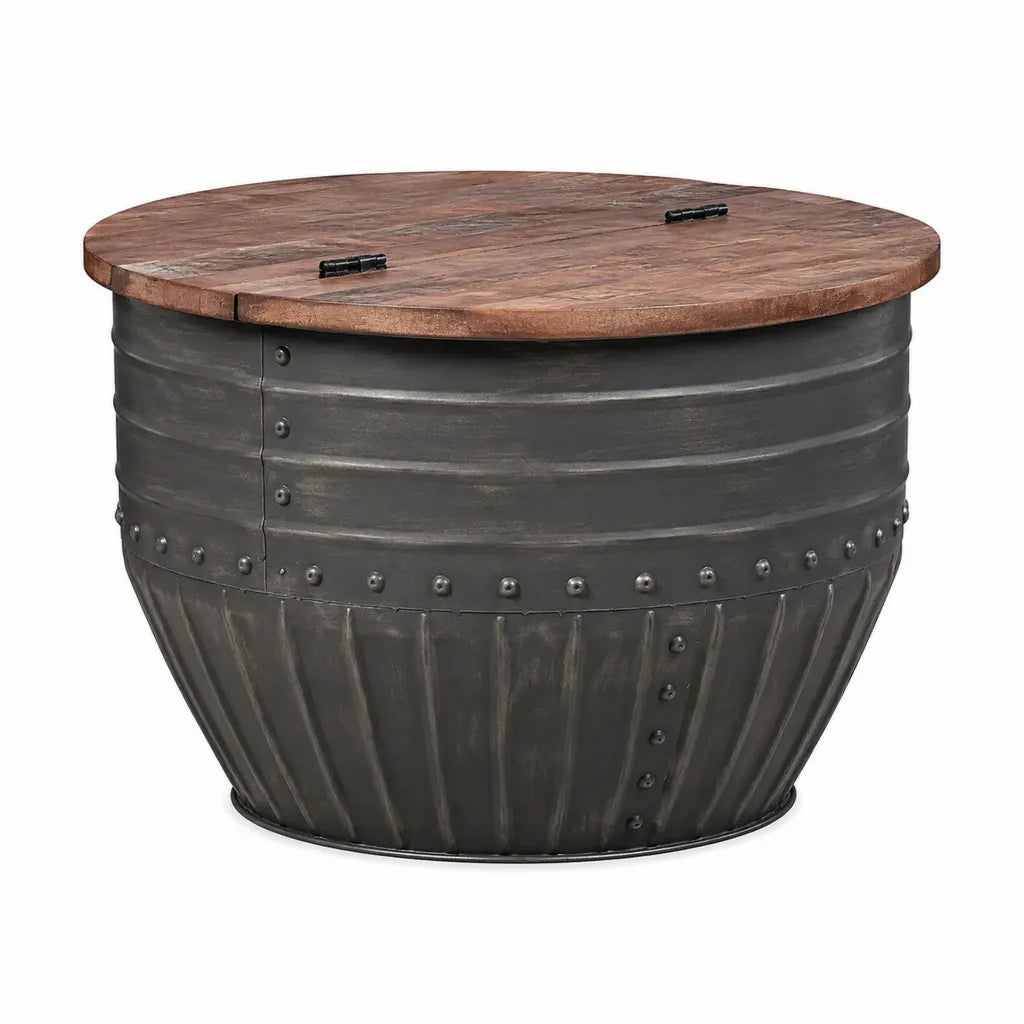 Runder Couchtisch mit Stauraum Ø 80 x 45 cm aus Mangoholz und Stahl Braun Anthrazit